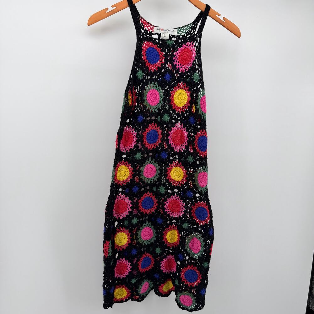 H&M x Coachella Crochet Patchwork Mini Dress 4 Festival Boho Hippie Retro Indie - Picture 6 of 6